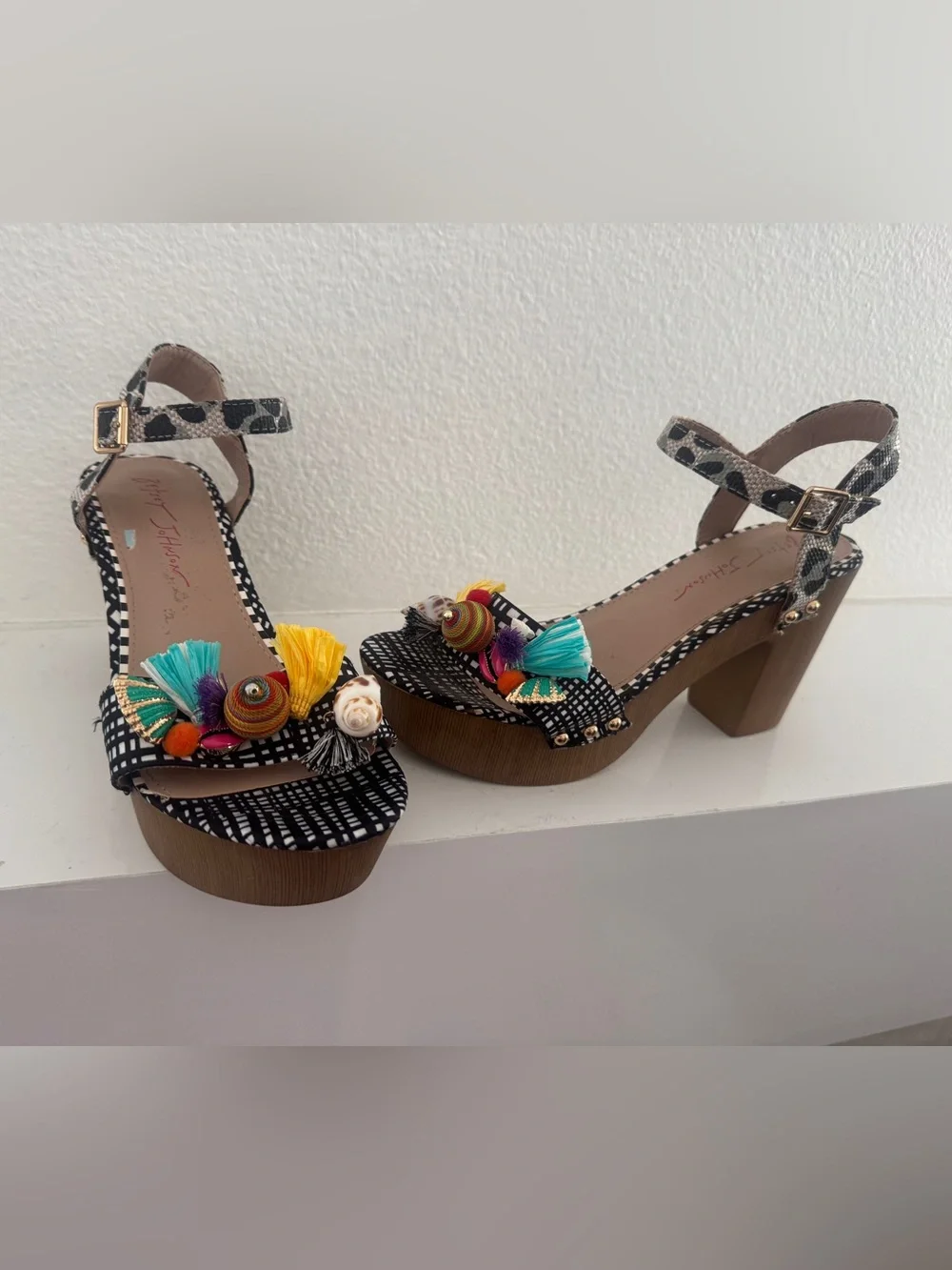 Betsy Johnson Black & White Patterned Platforms with Multicolor Tassel Accents